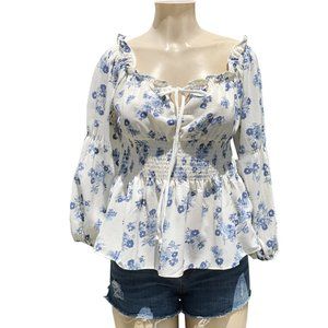 R5871-White Blue Floral top